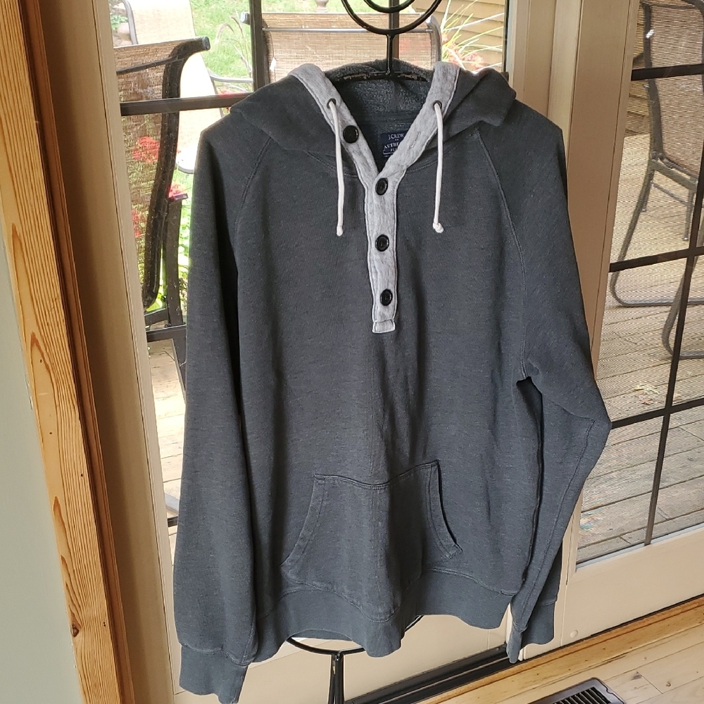 J. Crew Charcoal Authentic Fleece Sz XL Hoodie w Front Drawstring Button Accents